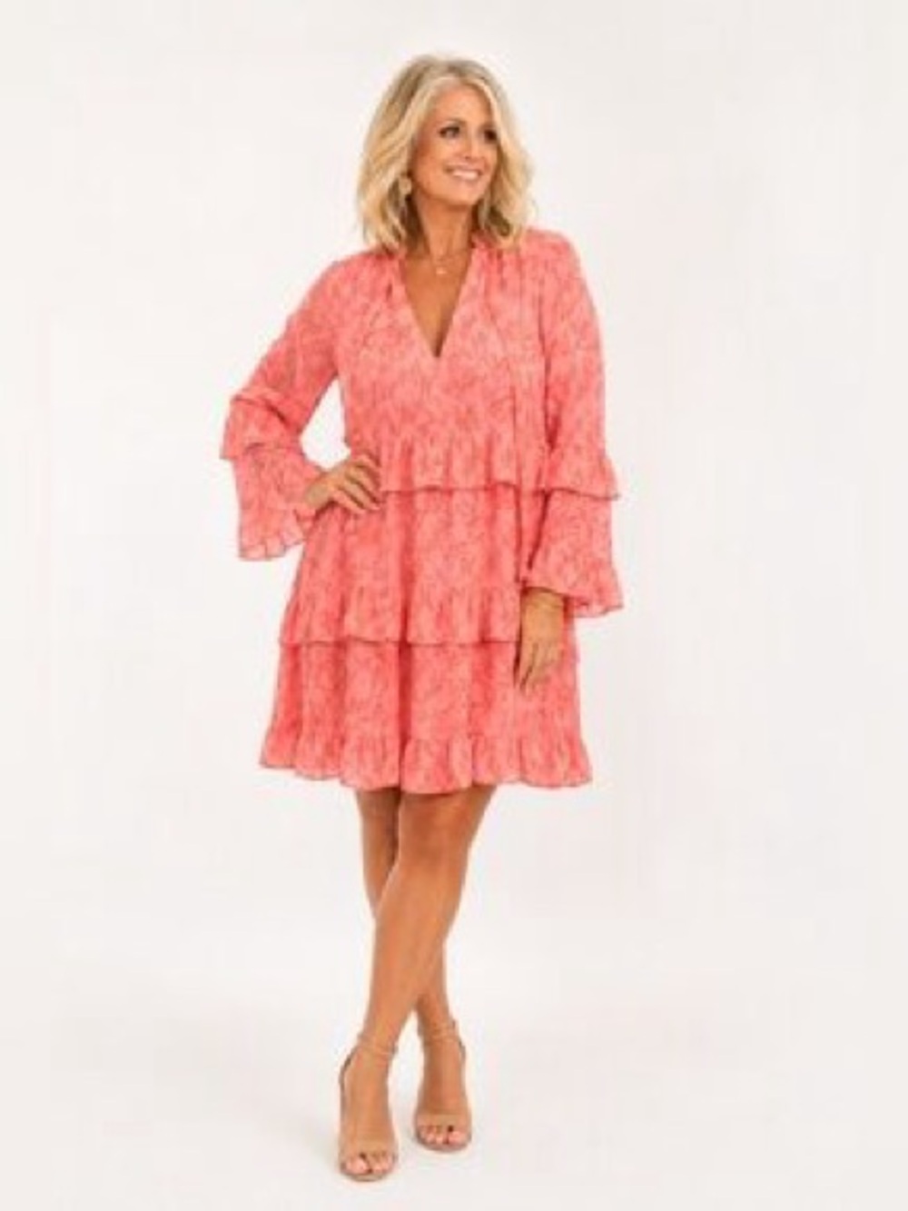 Karlie coral pink tiered long-sleeve dress 
 a delicate ditsy floral pattern